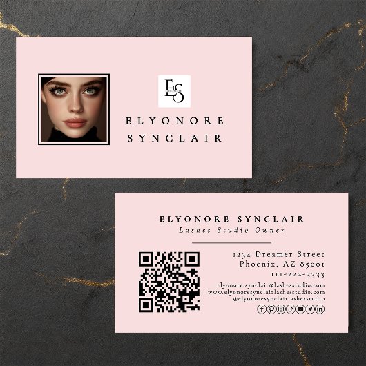 Blush Pink Script Logo QR Code Photo Lashes Visitenkarte