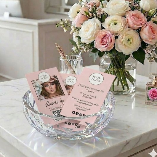 Blush Pink Script Logo QR Code Photo Lashes Visitenkarte