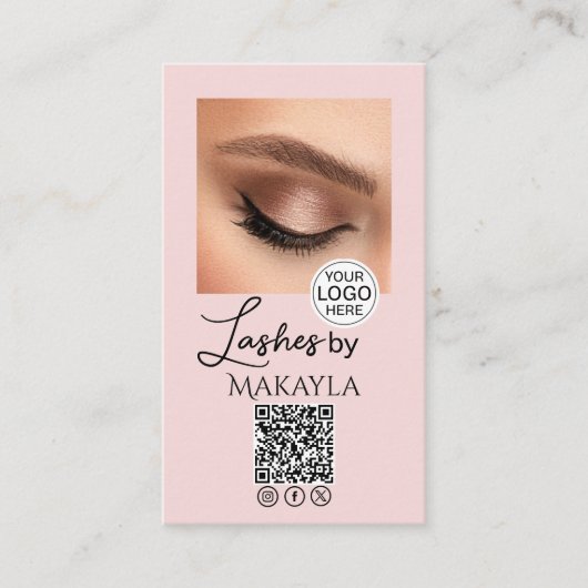 Blush Pink Script Logo QR Code Photo Lashes Visitenkarte (Vorderseite)
