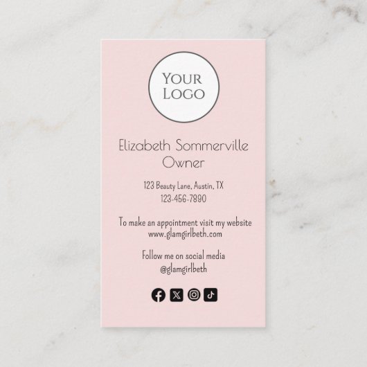 Blush Pink Script Logo QR Code Photo Lashes Visitenkarte (Rückseite)