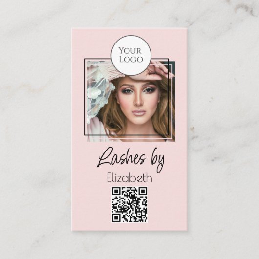Blush Pink Script Logo QR Code Photo Lashes Visitenkarte (Vorderseite)