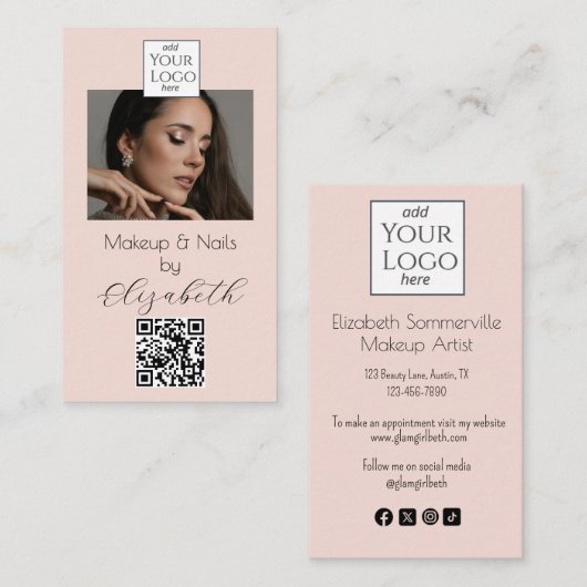 Blush Pink Script Logo QR Code Photo Makeup Busin Visitenkarte (Vorne/Hinten)