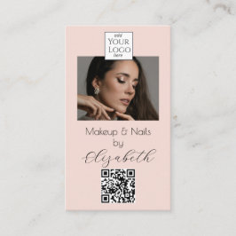 Blush Pink Script Logo QR Code Photo Makeup Busin Visitenkarte