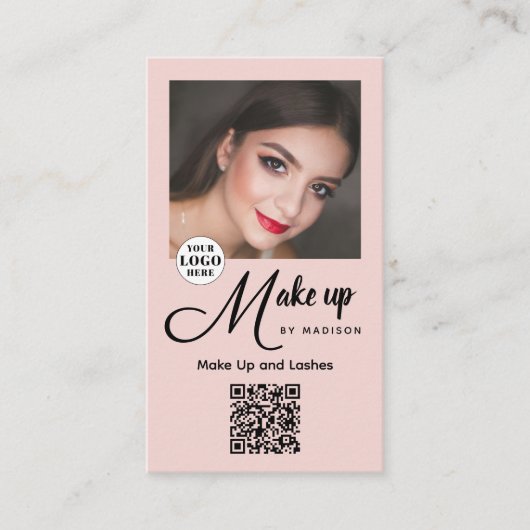 Blush Pink Script Logo QR Code Photo Makeup Visitenkarte (Vorderseite)
