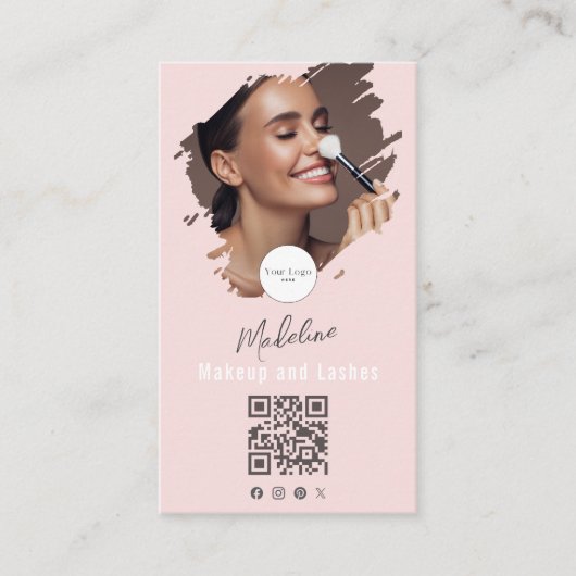 Blush Pink Script Logo QR Code Photo Makeup Visitenkarte (Vorderseite)