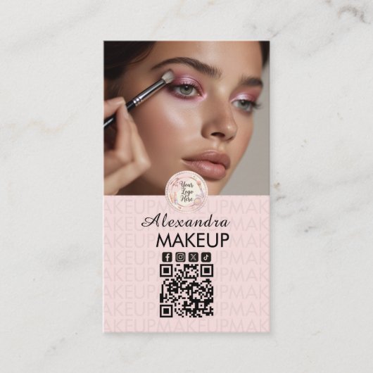 Blush Pink Script Logo QR Code Photo Makeup Visitenkarte (Vorderseite)
