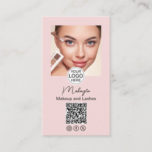 Blush Pink Script Logo QR Code Photo Makeup Visitenkarte (Vorderseite)