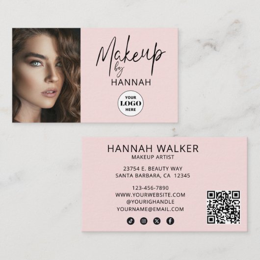Blush Pink Script Logo QR Code Photo Makeup Visitenkarte (Vorne/Hinten)
