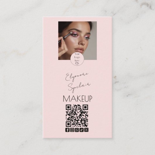 Blush Pink Script Logo QR Code Photo Makeup Visitenkarte (Vorderseite)
