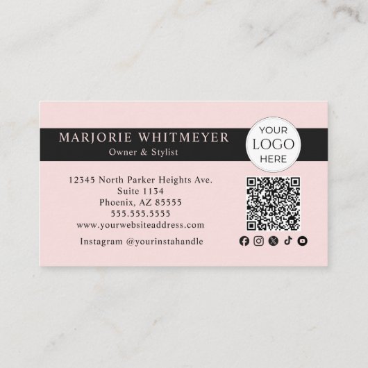 Blush Pink Script Logo QR Code Photo Makeup Visitenkarte (Rückseite)