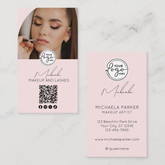 Blush Pink Script Logo QR Code Photo Makeup Visitenkarte (Vorne/Hinten)