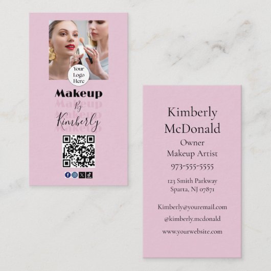 Blush Pink Script Logo QR Code Photo Makeup Visitenkarte (Vorne/Hinten)