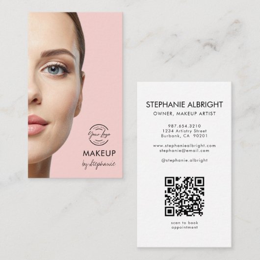 Blush Pink Script Logo QR Code Photo Makeup Visitenkarte (Vorne/Hinten)