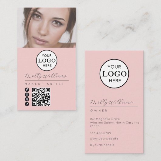 Blush Pink Script Logo QR Code Photo Makeup Visitenkarte (Vorne/Hinten)