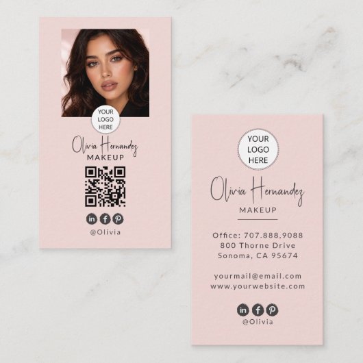 Blush Pink Script Logo QR Code Photo Makeup Visitenkarte (Vorne/Hinten)