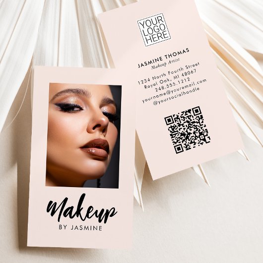 Blush Pink Script Logo QR Code Photo Makeup Visitenkarte