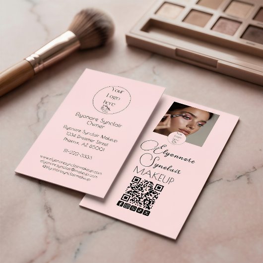 Blush Pink Script Logo QR Code Photo Makeup Visitenkarte
