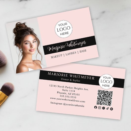 Blush Pink Script Logo QR Code Photo Makeup Visitenkarte