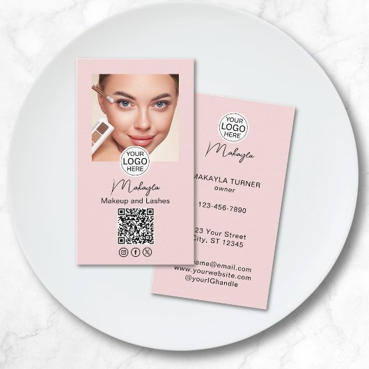 Blush Pink Script Logo QR Code Photo Makeup Visitenkarte