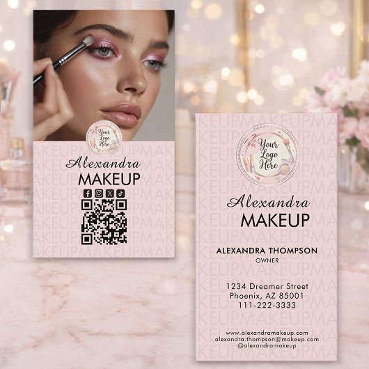 Blush Pink Script Logo QR Code Photo Makeup Visitenkarte