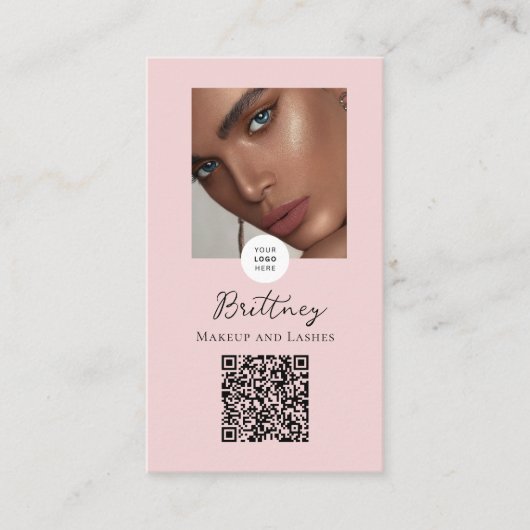 Blush Pink Script Logo QR Code Photo Makeup  Visitenkarte (Vorderseite)
