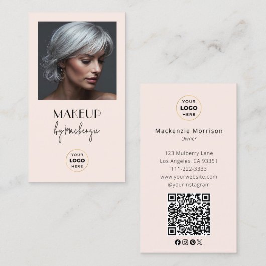 Blush Pink Script Logo QR Code Photo Makeup Visitenkarte (Vorne/Hinten)