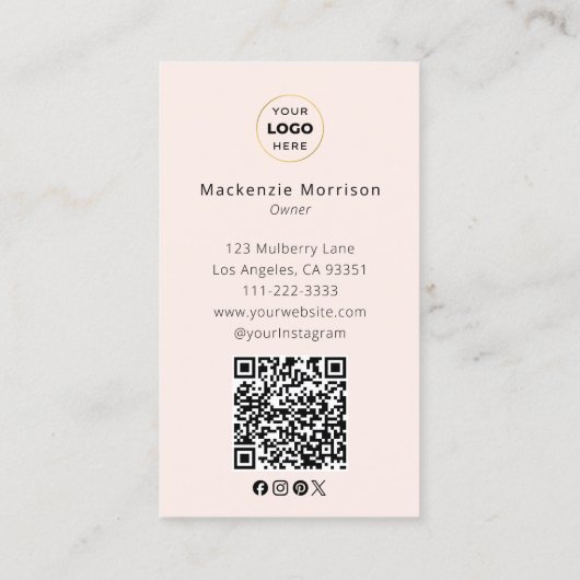 Blush Pink Script Logo QR Code Photo Makeup Visitenkarte (Rückseite)