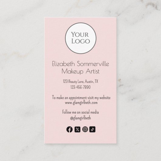 Blush Pink Script Logo QR Code Photo Makeup Visitenkarte (Rückseite)