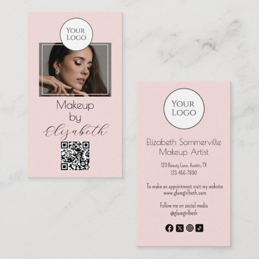 Blush Pink Script Logo QR Code Photo Makeup Visitenkarte (Vorne/Hinten)