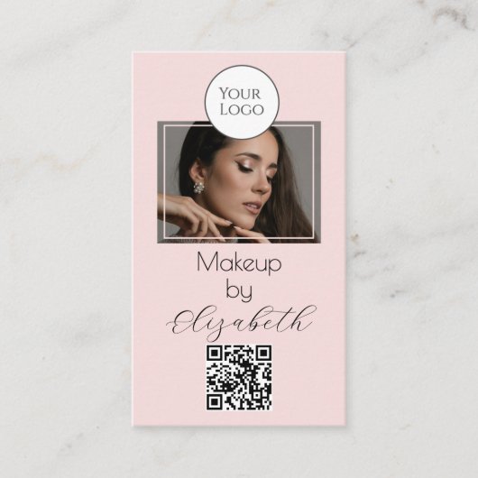 Blush Pink Script Logo QR Code Photo Makeup Visitenkarte (Vorderseite)