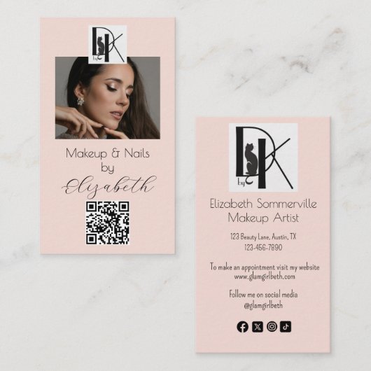 Blush Pink Script Logo QR Code Photo Makeup Visitenkarte (Vorne/Hinten)