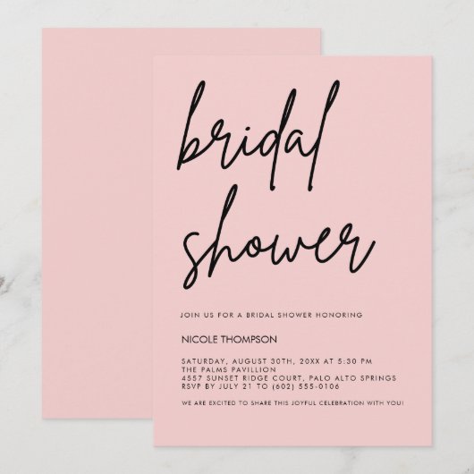 Blush Pink Script Modern Bridal Shower Invitation  Einladung (Vorne/Hinten)