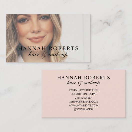 Blush Pink Script Photo Hair Makeup Visitenkarte (Vorne/Hinten)