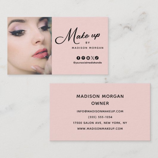 Blush Pink Script Photo Makeup Business Card Visitenkarte (Vorne/Hinten)