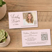 Blush Pink Script Photo QR Code Lashes and Brows Visitenkarte