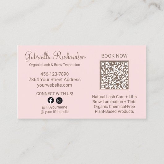 Blush Pink Script Photo QR Code Lashes and Brows Visitenkarte (Rückseite)