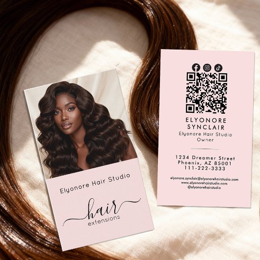 Blush Pink Script Photo QR Social Hair Extension Visitenkarte