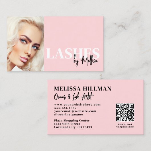 Blush Pink Script QR Code Photo Lashes Visitenkarte (Vorne/Hinten)