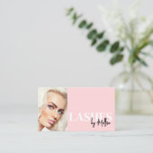 Blush Pink Script QR Code Photo Lashes Visitenkarte (Stehend Vorderseite)