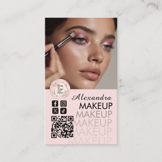 Blush Pink Script QR Code Photo Makeup Visitenkarte (Vorderseite)