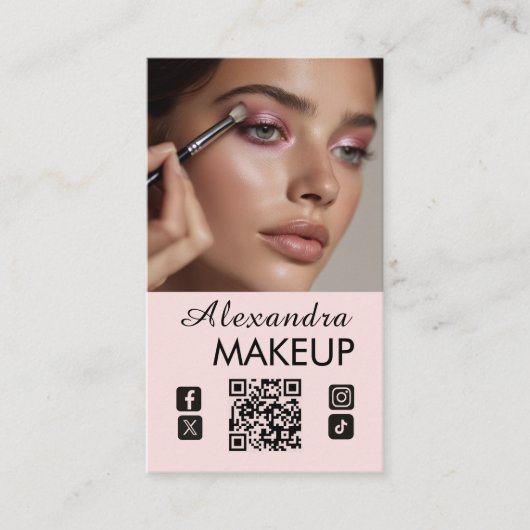 Blush Pink Script QR Code Photo Makeup Visitenkarte (Vorderseite)