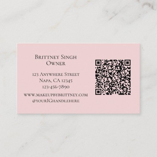 Blush Pink Script QR Code Photo Makeup Visitenkarte (Rückseite)
