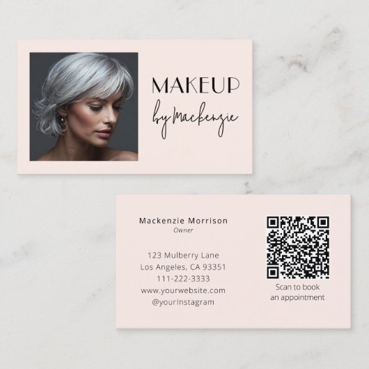 Blush Pink Script QR Code Photo Makeup Visitenkarte (Vorne/Hinten)