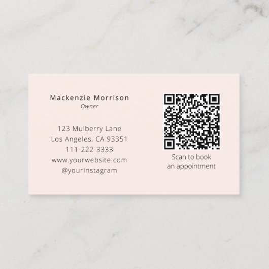 Blush Pink Script QR Code Photo Makeup Visitenkarte (Rückseite)