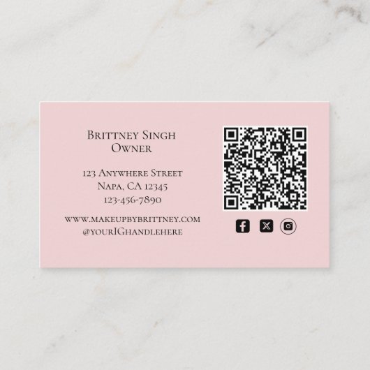 Blush Pink Script QR Code Photo Makeup Visitenkarte (Rückseite)