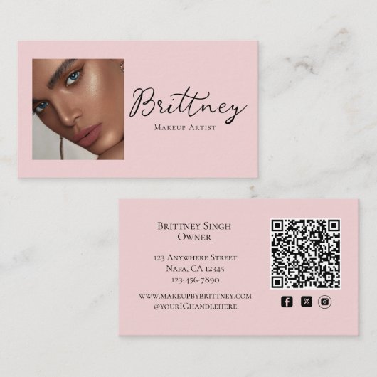 Blush Pink Script QR Code Photo Makeup Visitenkarte (Vorne/Hinten)
