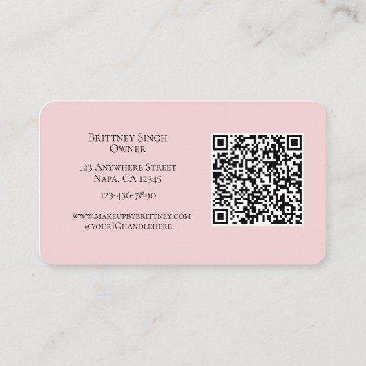 Blush Pink Script QR Code Photo Makeup Visitenkarte (Rückseite)