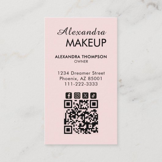 Blush Pink Script QR Code Photo Makeup Visitenkarte (Rückseite)