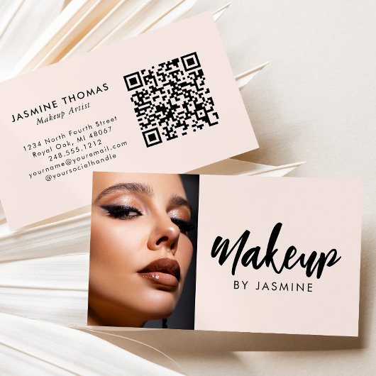 Blush Pink Script QR Code Photo Makeup Visitenkarte