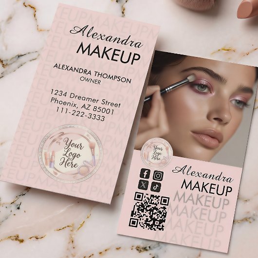 Blush Pink Script QR Code Photo Makeup Visitenkarte